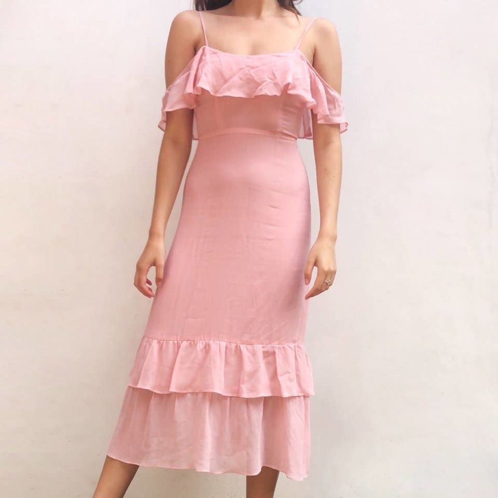 Reformation Odessa Blush Pink Spaghetti Strap Ruffle Midi Dress 4